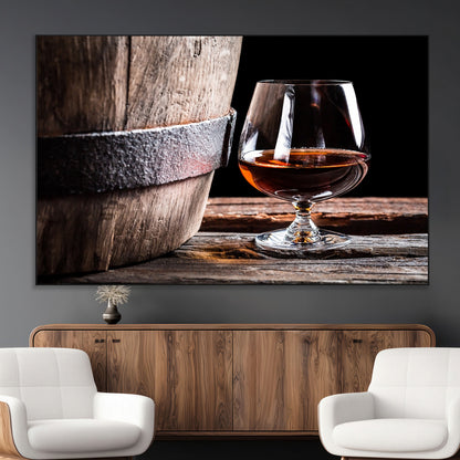 50839-MGV-CV-36X24-Barrel & Brandy Wall Art – Rustic Whiskey Barrel and Brandy Glass Canvas Print, Elegant Home Bar or Lounge Decor for Office, Man