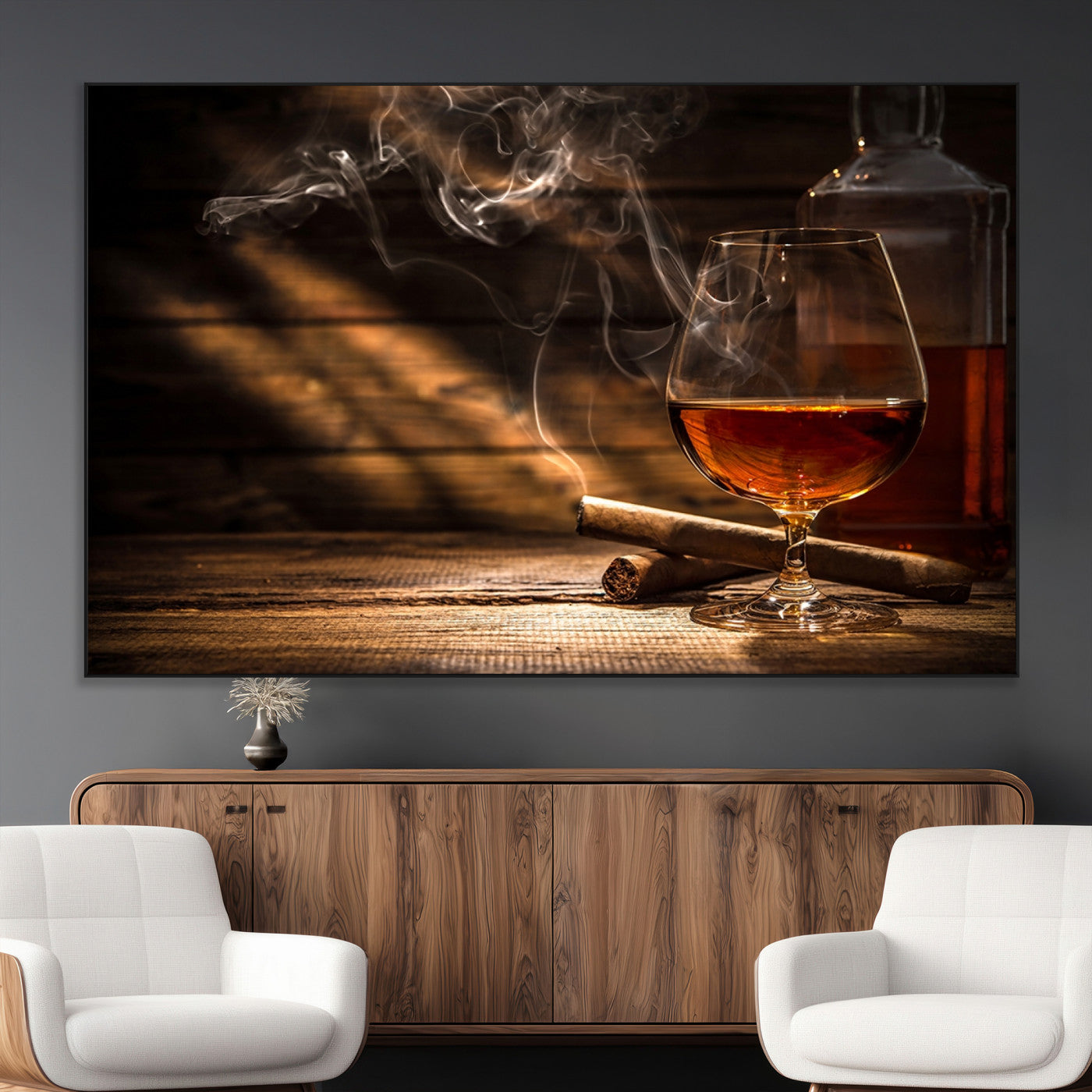 92305-MGV-CV-36X24-Whiskey & Cigar Wall Art – Moody Whiskey and Cigar Canvas Print, Sophisticated Bar or Home Lounge Decor for Office, Man Cave or