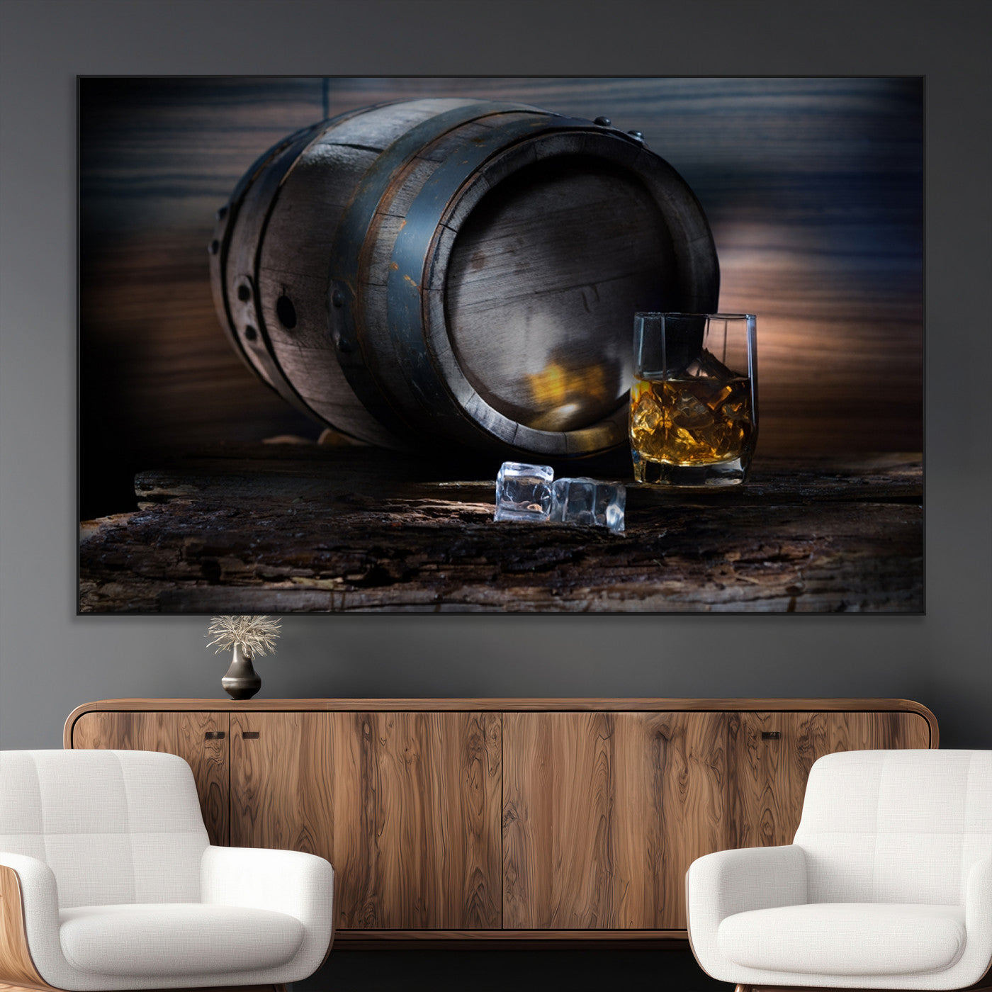 78049-MGV-CV-36X24-Whiskey Barrel Wall Art – Rustic Whiskey Barrel and Glass with Ice Canvas Print, Classic Bar or Lounge Decor for Home, Office, or