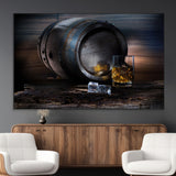 78049-MGV-CV-36X24-Whiskey Barrel Wall Art – Rustic Whiskey Barrel and Glass with Ice Canvas Print, Classic Bar or Lounge Decor for Home, Office, or