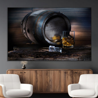 78049-MGV-CV-36X24-Whiskey Barrel Wall Art – Rustic Whiskey Barrel and Glass with Ice Canvas Print, Classic Bar or Lounge Decor for Home, Office, or
