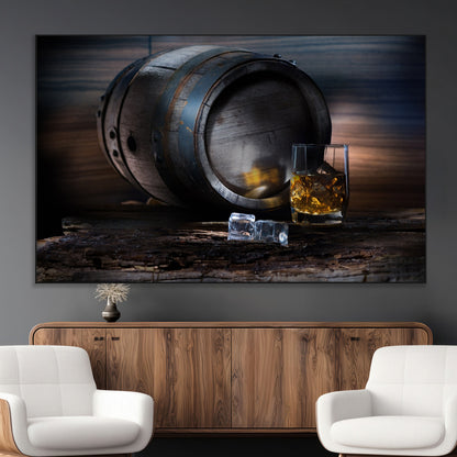 78049-MGV-CV-36X24-Whiskey Barrel Wall Art – Rustic Whiskey Barrel and Glass with Ice Canvas Print, Classic Bar or Lounge Decor for Home, Office, or