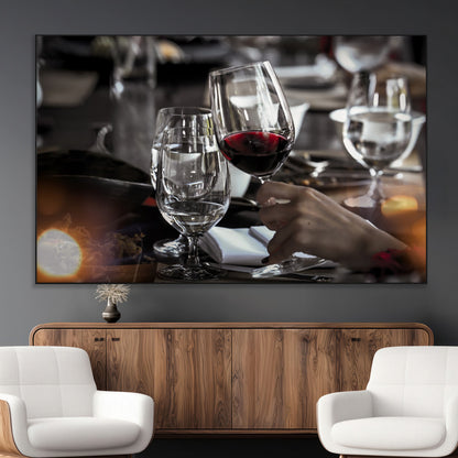 75513-MGV-CV-36X24-Elegant Wine Toast Wall Art – Close-Up Red Wine Glass at Dinner Table Canvas Print, Sophisticated Dining Room or Bar Decor