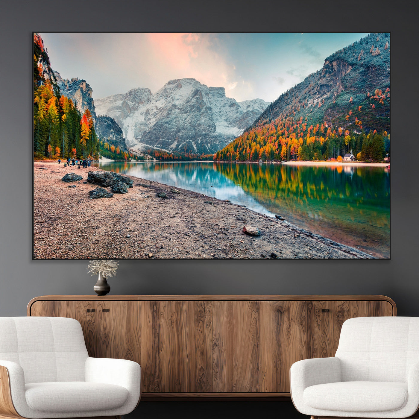 25982-MGV-CV-36X24-Autumn Mountain Lake Wall Art – Panoramic Fall Foliage and Snowy Peaks Canvas Print, Scenic Nature Decor for Living Room or Office