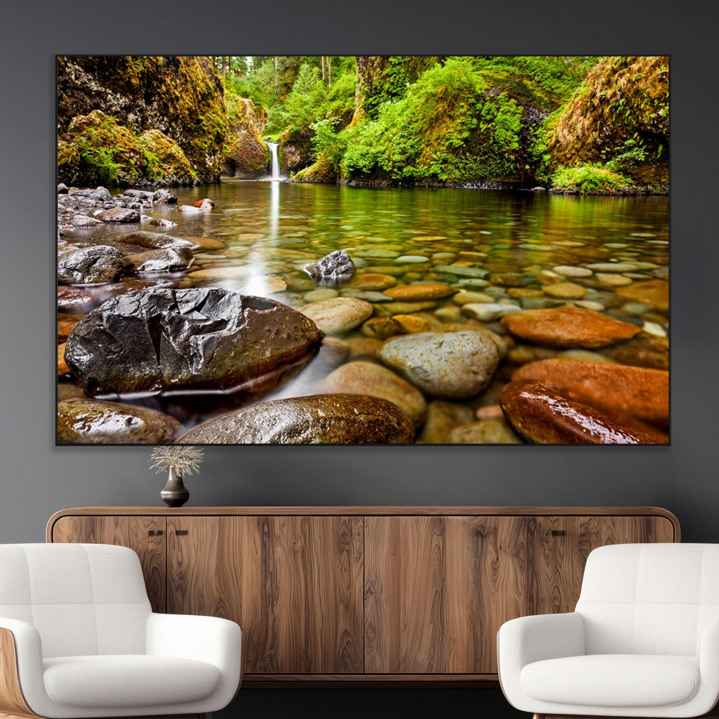 98096-MGV-CV-36X24-Serene River Waterfall Nature Photo – Calm Clear Water, Vibrant Green Forest and Smooth Stones Landscape Wall Art for Home or