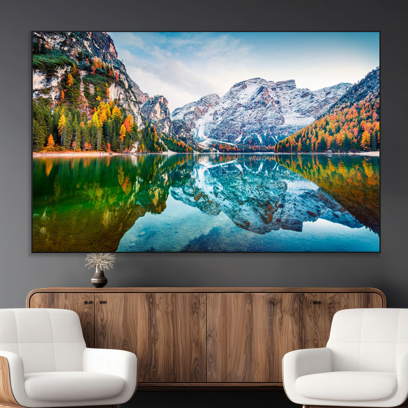 10402-MGV-CV-36X24-Snowy Mountain Lake Wall Art – Autumn Landscape Canvas Print with Reflection, Nature Decor for Living Room, Office, Bedroom or