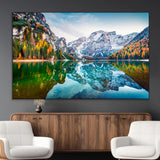 10402-MGV-CV-36X24-Snowy Mountain Lake Wall Art – Autumn Landscape Canvas Print with Reflection, Nature Decor for Living Room, Office, Bedroom or