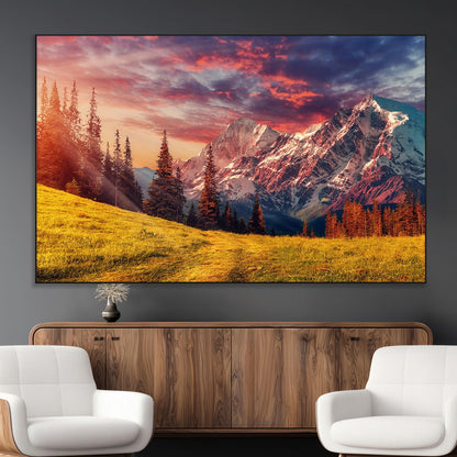 83947-MGV-CV-36X24-Sunset Mountain Landscape Wall Art – Panoramic Alpine Meadow and Snow Capped Peaks Canvas Print, Nature Scenic Decor for Home,