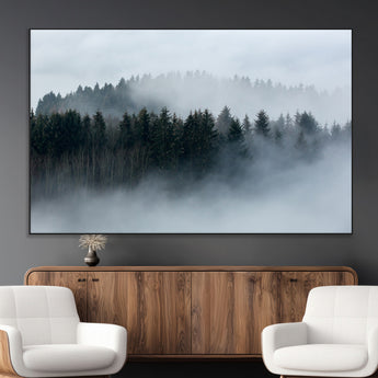 42596-MGV-CV-36X24-Misty Forest Wall Art – Atmospheric Pine Trees Canvas Print, Nature Landscape Decor for Living Room, Bedroom, Office, or Cabin