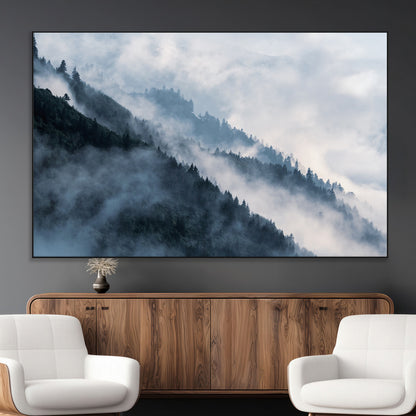 85737-MGV-CV-36X24-Misty Mountain Wall Art – Atmospheric Pine Forest Canvas Print with Fog and Mist, Calm Nature Decor for Living Room, Bedroom,