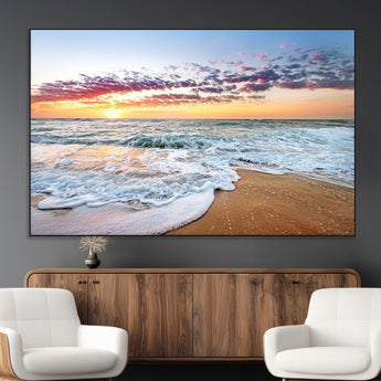 39560-MGV-CV-36X24-Sunrise Beach Wall Art – Vibrant Ocean Waves and Golden Sand Canvas Print, Seaside Coastal Decor for Living Room, Bedroom or