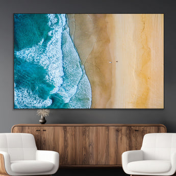 46640-MGV-CV-36X24-Aerial Beach Wall Art – Turquoise Waves and Golden Sand Canvas Print with Lone Surfer, Coastal Ocean Decor for Living Room,