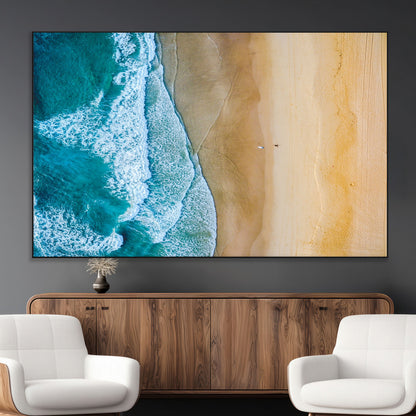 46640-MGV-CV-36X24-Aerial Beach Wall Art – Turquoise Waves and Golden Sand Canvas Print with Lone Surfer, Coastal Ocean Decor for Living Room,