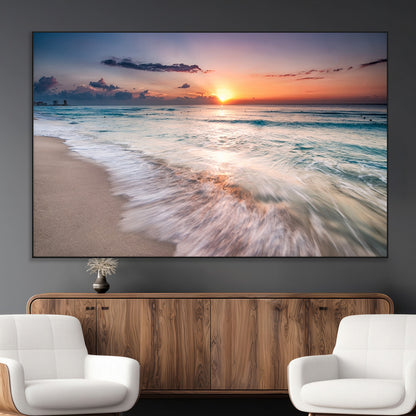71849-MGV-CV-36X24-Sunrise Ocean Beach Wall Art – Serene Seascape Canvas Print with Gentle Waves, Coastal Nature Decor for Bedroom, Living Room or