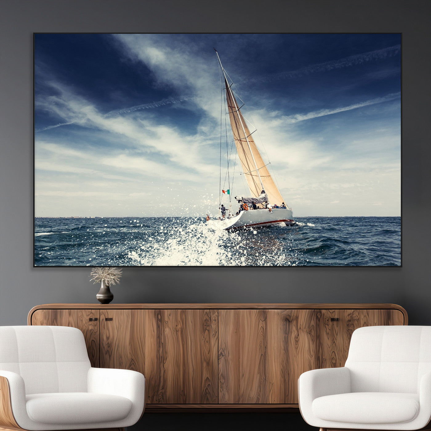 75430-MGV-CV-36X24-Sailing Boat Wall Art – Dynamic Ocean Yacht Canvas Print, Nautical Decor for Living Room, Office, Beach House or Cabin