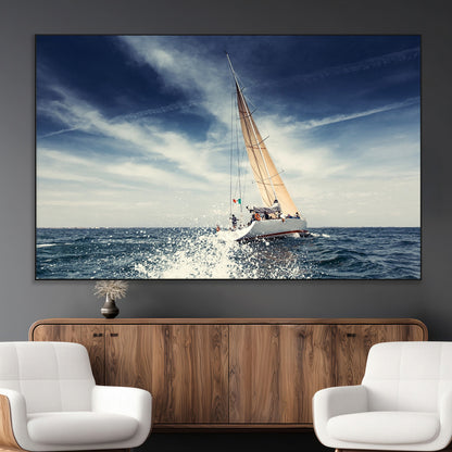 75430-MGV-CV-36X24-Sailing Boat Wall Art – Dynamic Ocean Yacht Canvas Print, Nautical Decor for Living Room, Office, Beach House or Cabin