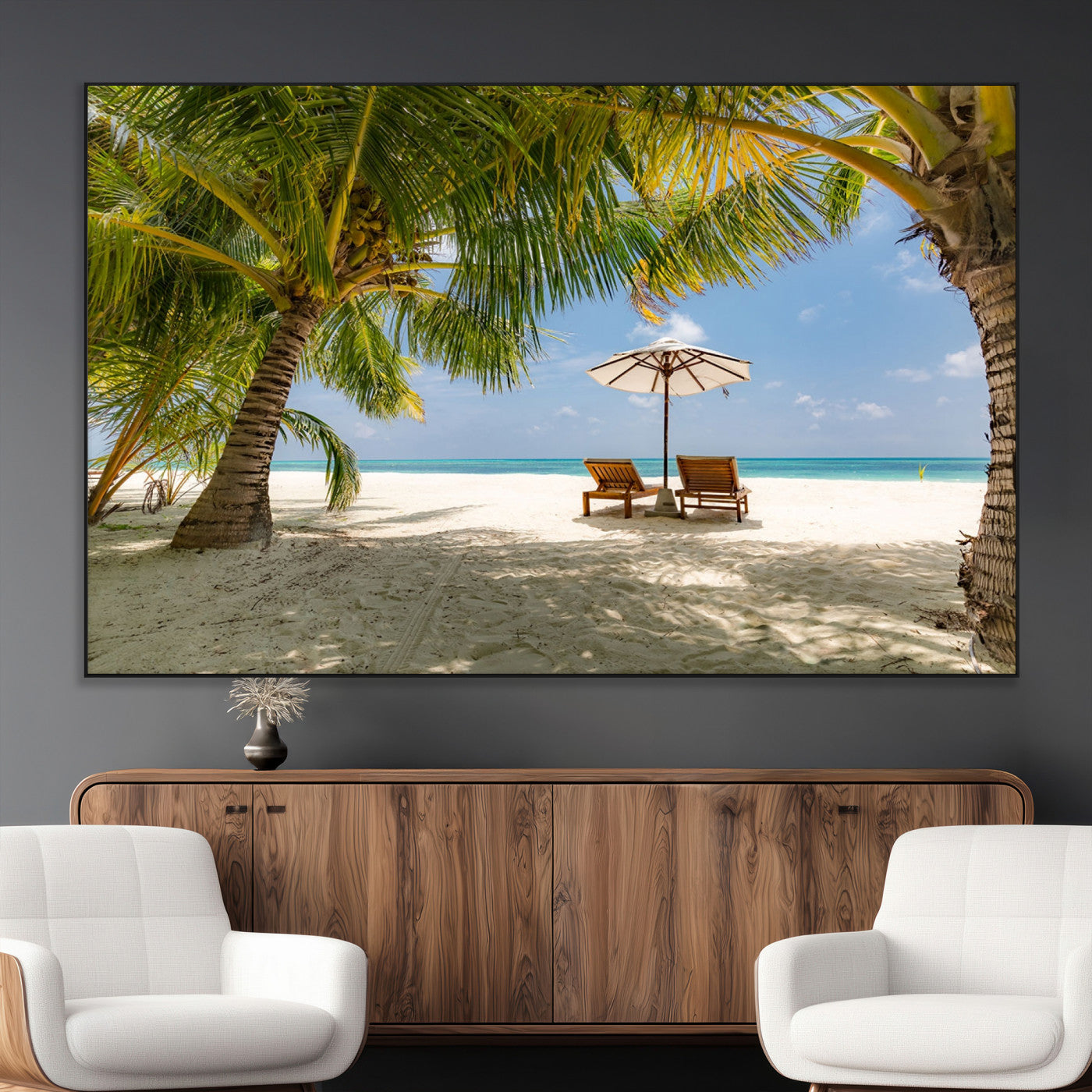 83601-MGV-CV-36X24-Tropical Beach Wall Art – Serene Palm Trees and Lounge Chairs Canvas Print, Relaxing Coastal Decor for Living Room, Bedroom or