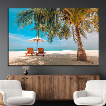 69754-MGV-CV-36X24-Tropical Beach Wall Art – Relaxing Palm Tree and Lounge Chairs Canvas Print, Serene Coastal Decor for Living Room, Bedroom, Office