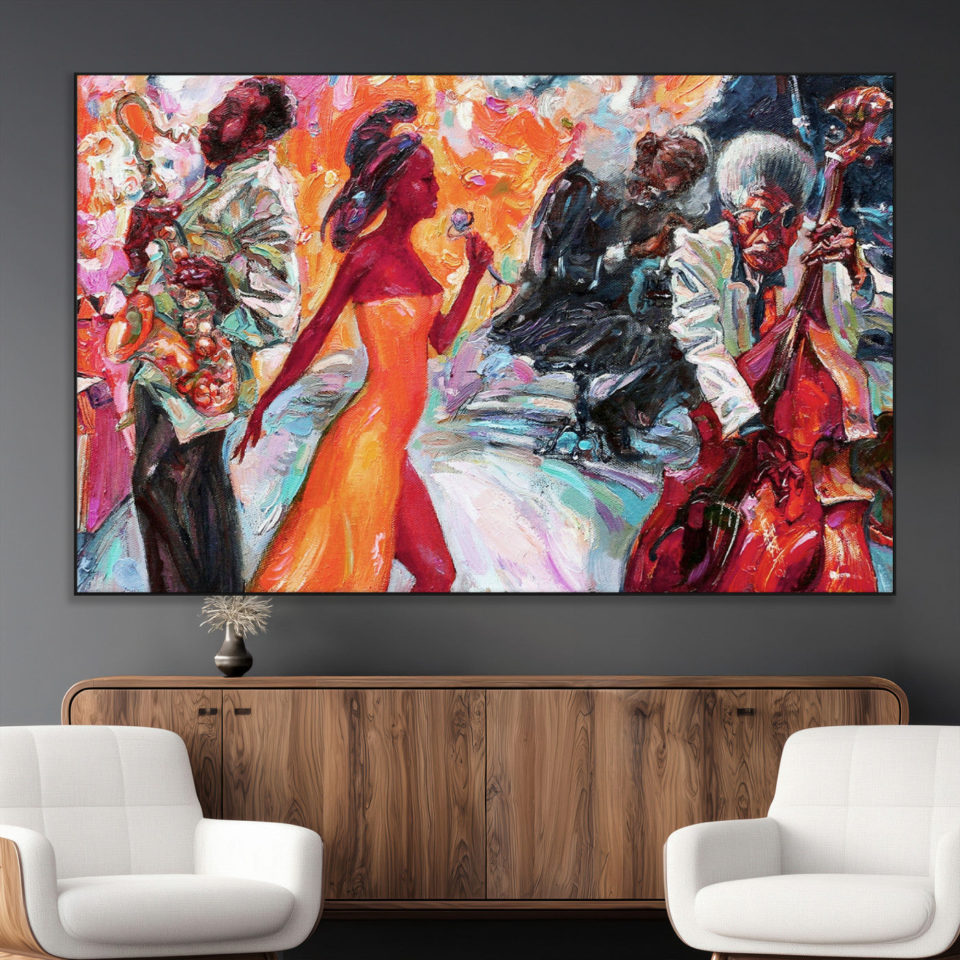 24452-MGV-CV-36X24-Vibrant Jazz Musician Painting - Expressive Art Print of Live Jazz Band, Perfect Wall Decor for Music Lovers and Art Enthusiasts
