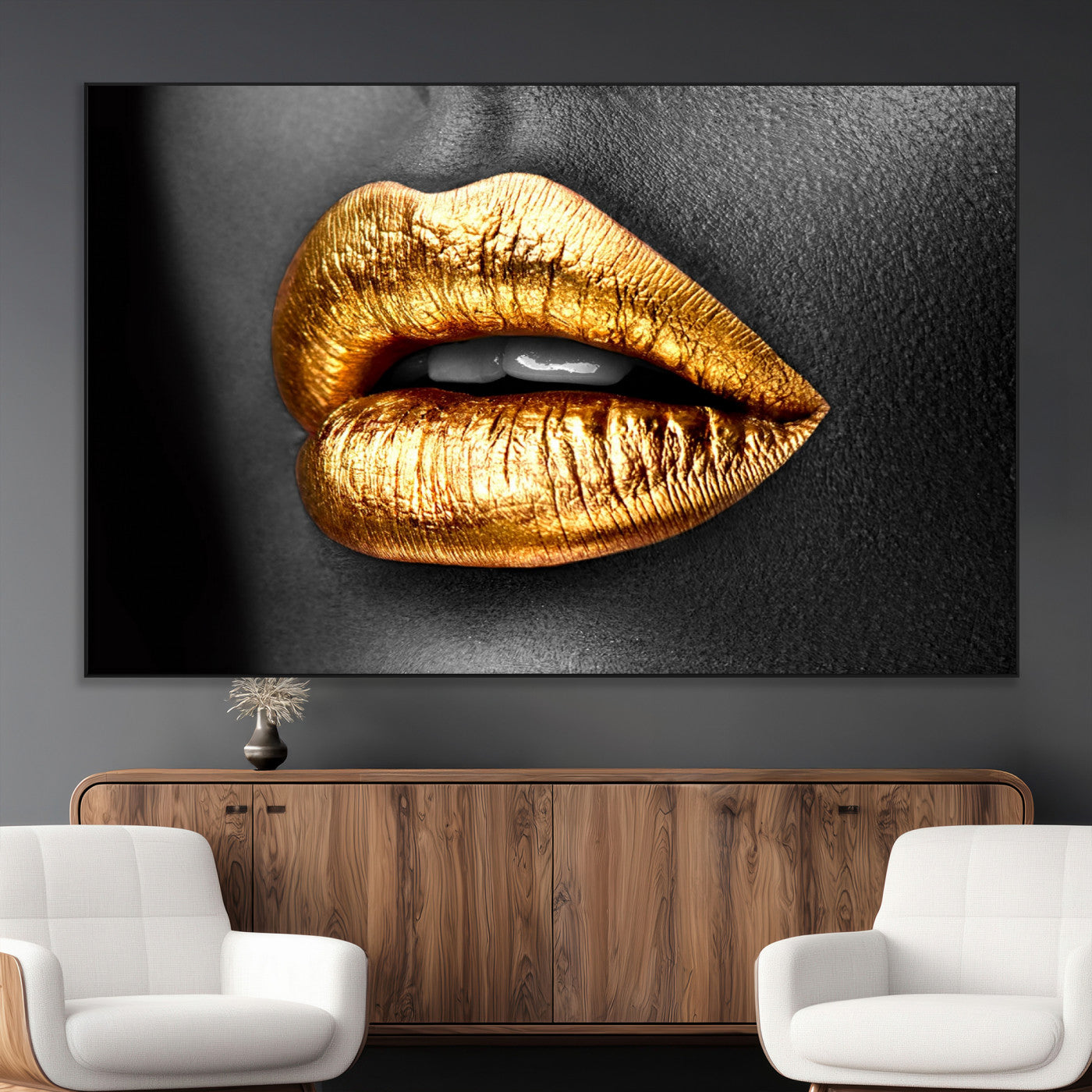 84747-MGV-CV-36X24-Golden Lips Black & White Portrait – Glamorous Metallic Lip Art Print, Modern Wall Decor for Bedroom, Beauty & Fashion Lover Gift