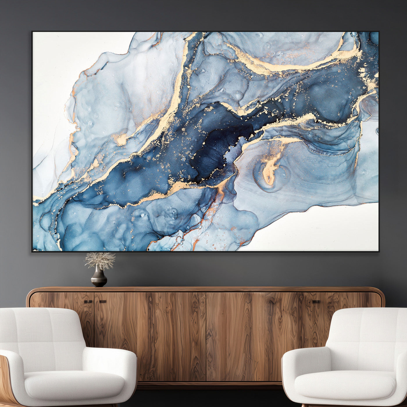 33782-MGV-CV-36X24-Abstract Marble Wall Art – Blue & Gold Fluid Painting Canvas Print, Modern Home Decor for Living Room, Bedroom or Office