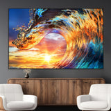 52890-MGV-CV-36X24-Surfing Wave Wall Art Canvas Print, Framed Sunset Ocean Art Picture Print, Ocean Wave Perfect Nautical Decor Artwork