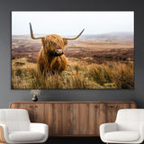 79391-MGV-CV-36X24-Majestic Highland Cow in Misty Scottish Moorland – Rustic Natural Charm, Perfect for Unique Home or Office Decor