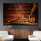 41139-MGV-CV-36X24-Whiskey and Cigar Still Life – Glasses with Ice and Pouring Amber Drink on Wooden Table with Smoke, Elegant Bar or Lounge Wall