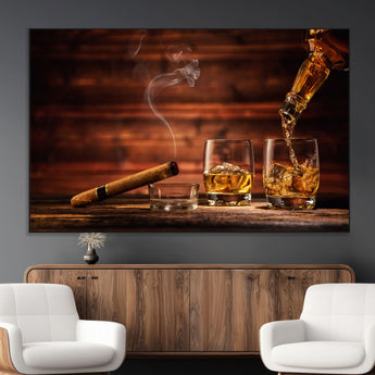 41139-MGV-CV-36X24-Whiskey and Cigar Still Life – Glasses with Ice and Pouring Amber Drink on Wooden Table with Smoke, Elegant Bar or Lounge Wall