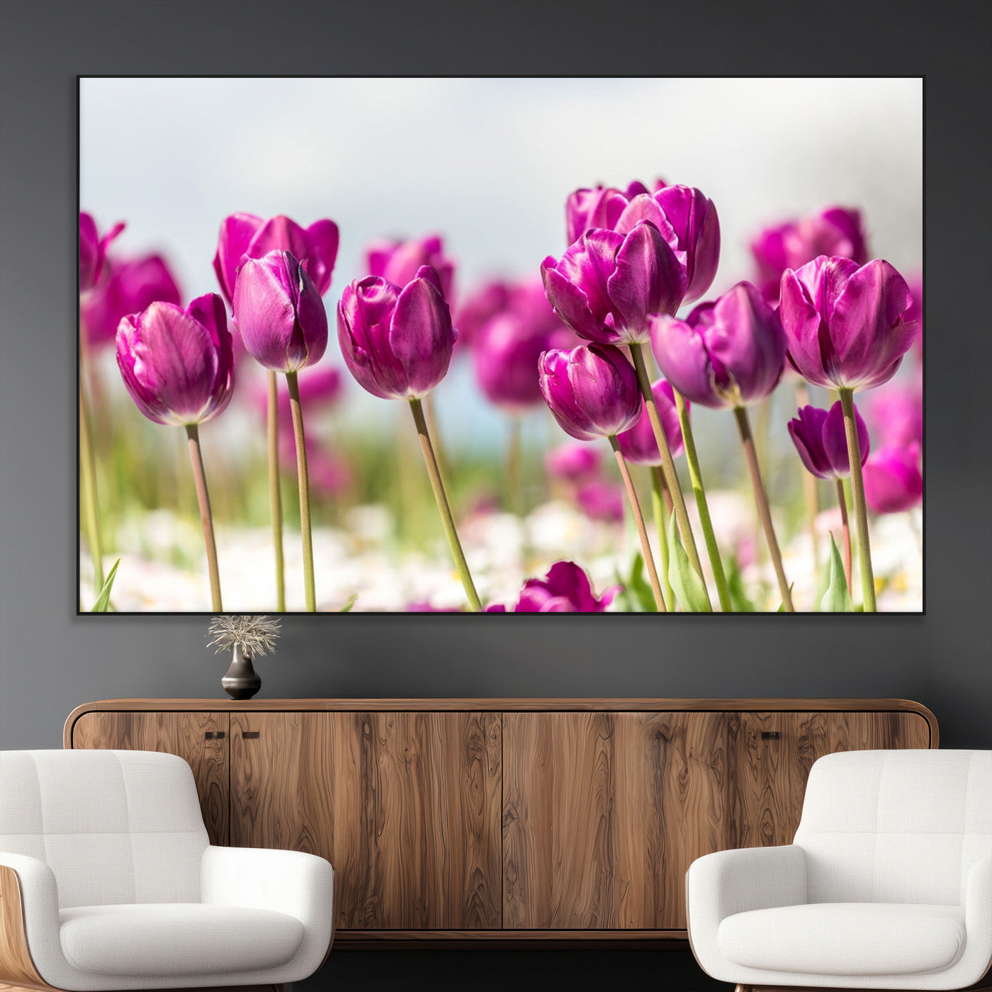 30632-MGV-CV-36X24-Purple Tulip Field Wall Art – Beautiful Spring Flowers Canvas Print with Soft Focus and Bright Sky, Ideal Floral Decor for Home or
