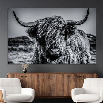 97372-MGV-CV-36X24-Elegant Highland Cow Wall Art – Black and White Canvas Print, Rustic Nature Decor for Home, Office, Living Room or Man Cave