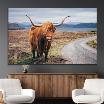 56121-MGV-CV-36X24-Rustic Highland Cow Wall Art – Panoramic Nature Canvas Print, Perfect Decor for Home, Office, Living Room or Man Cave