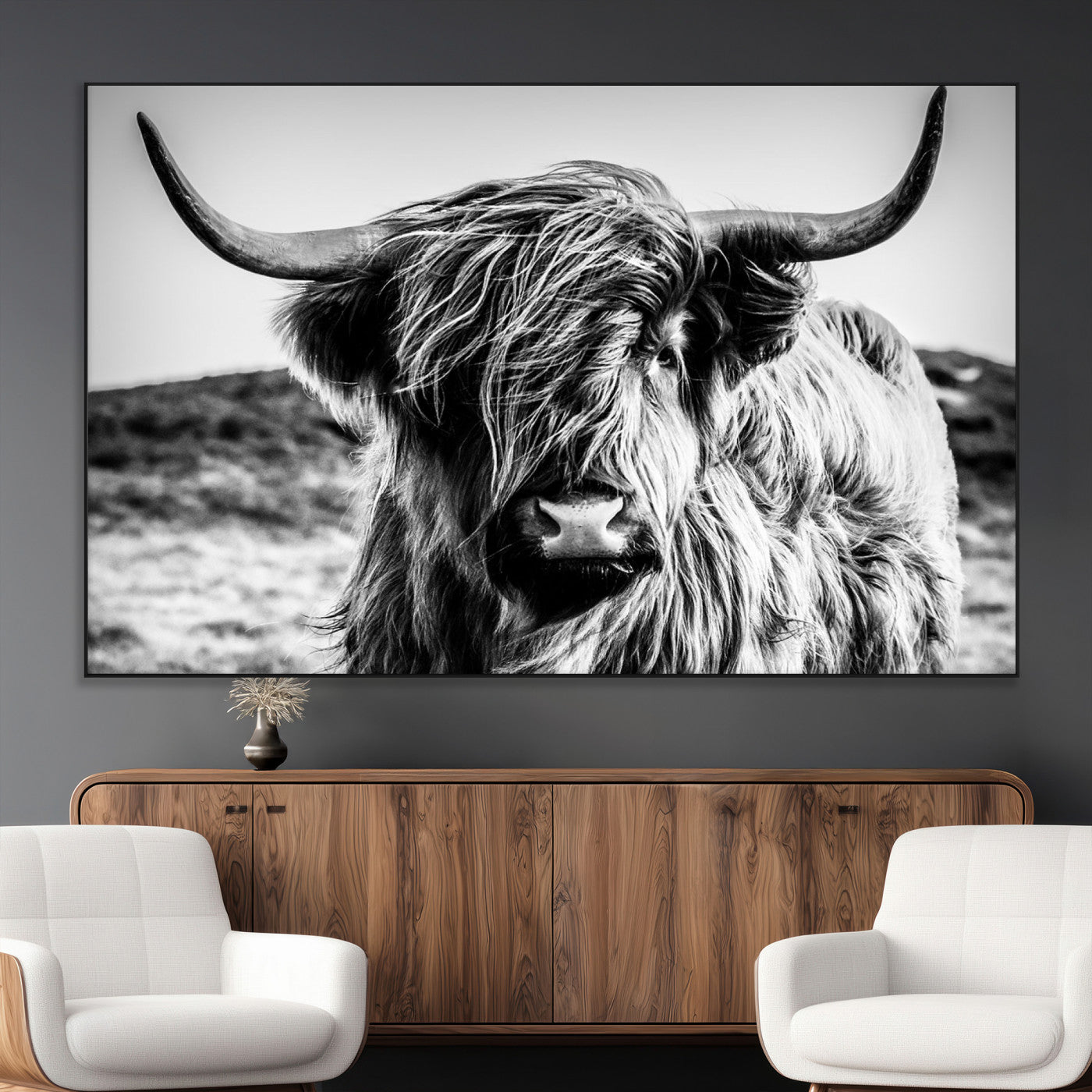 36979-MGV-CV-36X24-Striking black-and-white portrait of a Highland cow with flowing fur and majestic horns, perfect for rustic and elegant home or