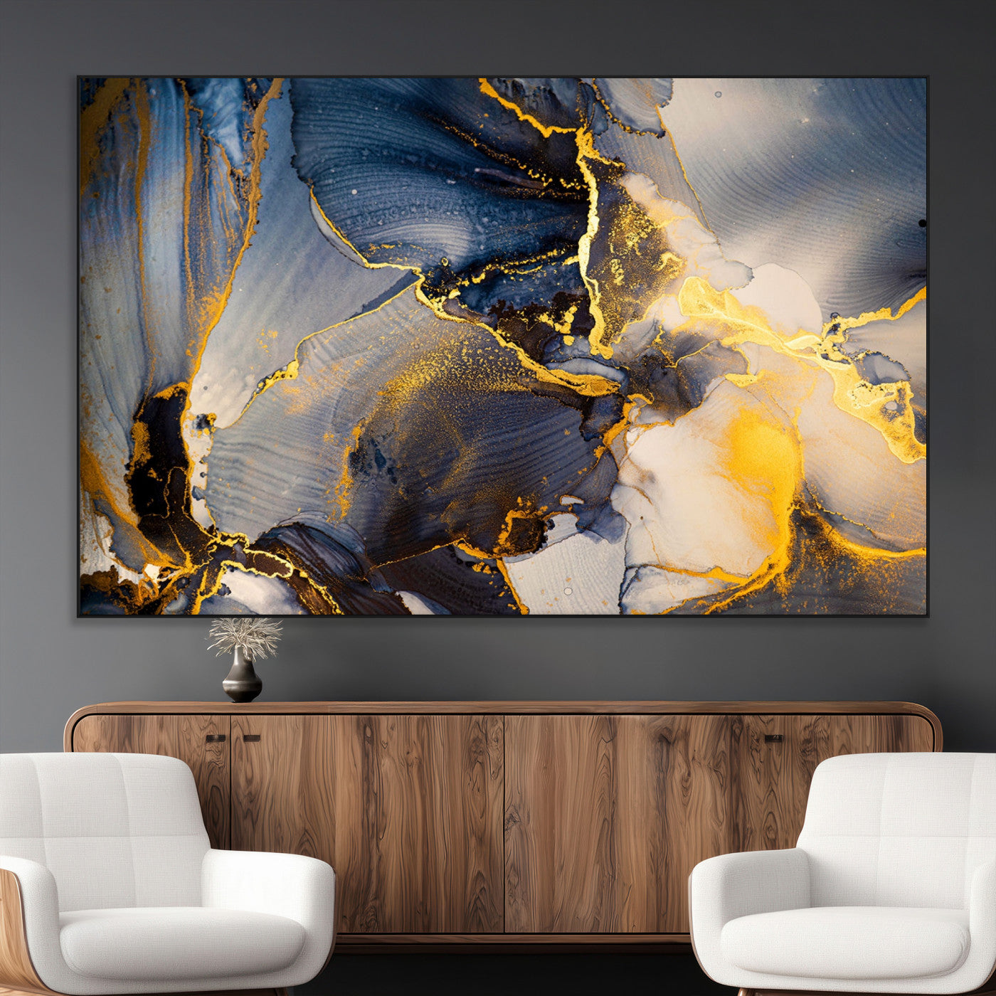 42100-MGV-CV-36X24-Golden Flow Abstract Wall Art – Panoramic Modern Blue and Gold Canvas Print, Contemporary Artistic Decor for Home, Office