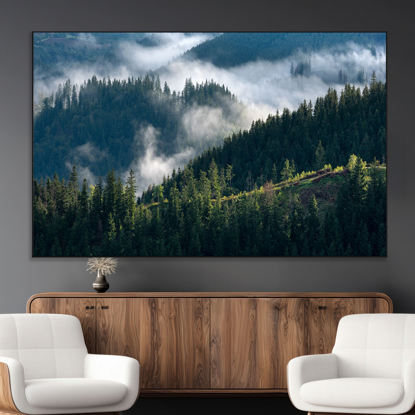 55972-MGV-CV-36X24-Whispering Pines Wall Art – Panoramic Misty Forest Canvas Print, Serene Nature Decor for Home, Office or Cabin Retreat