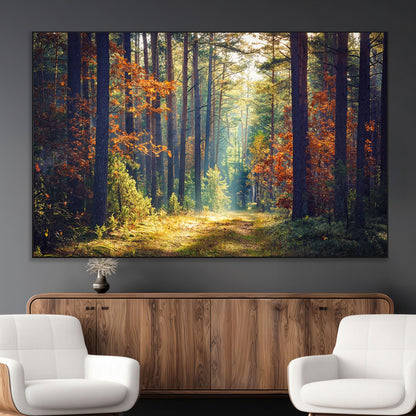 86249-MGV-CV-36X24-Sunlit Autumn Forest Path Wall Art – Peaceful Nature Scene with Fall Foliage, Calming Woods Decor for Home or Office