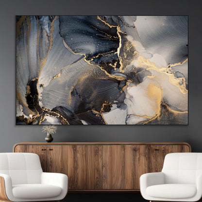 24068-MGV-CV-36X24-Luxury Abstract Wall Art – Gold & Gray Fluid Ink Painting Canvas, Modern Metallic Home Decor, Elegant Office or Living Room Accent