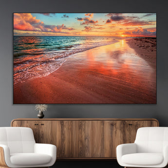 77723-MGV-CV-36X24-Sunset Beach Wall Art – Vibrant Ocean Waves and Golden Horizon Canvas Print, Coastal Seascape Photography Home Decor