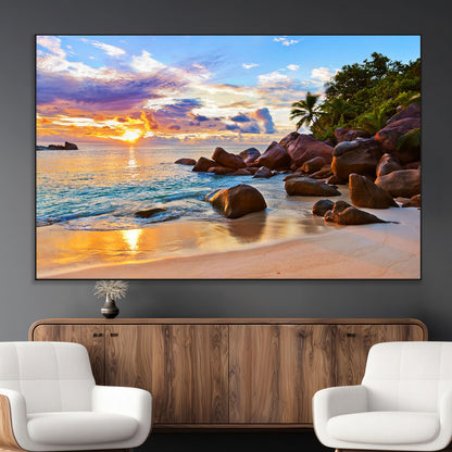 43209-MGV-CV-36X24-Tropical Beach Sunset Wall Art – Golden Ocean Waves and Palm Trees with Rocky Shore Canvas Print, Coastal Seascape Decor for