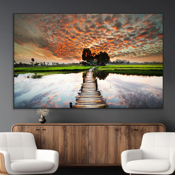 29105-MGV-CV-36X24-Rustic Wooden Bridge Wall Art – Scenic Sunset Over Rice Fields and Reflective Water Canvas Print, Nature Landscape Decor for