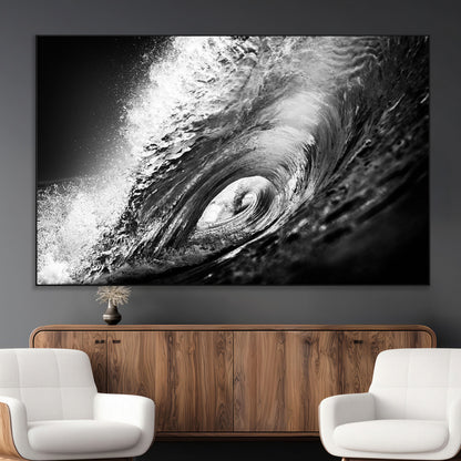 22702-MGV-CV-36X24-Black and White Ocean Wave Wall Art – Powerful Surf Curl Photography Canvas Print, Modern Coastal Decor for Living Room, Office or