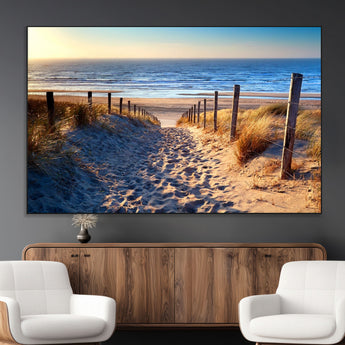 31889-MGV-CV-36X24-Sandy Beach Pathway Wall Art – Coastal Dune Fence and Ocean View Canvas Print, Relaxing Seaside Landscape Decor for Living Room or