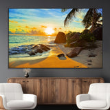 26181-MGV-CV-36X24-Golden Tropical Sunset Beach Wall Art – Ocean Canvas Print with Palm Trees and Rocks, Coastal Paradise Decor for Living Room or
