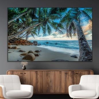 39679-MGV-CV-36X24-Tropical Palm Beach Wall Art – Serene Ocean Canvas Print with Palm Trees and Rocks, Coastal Paradise Decor for Living Room or