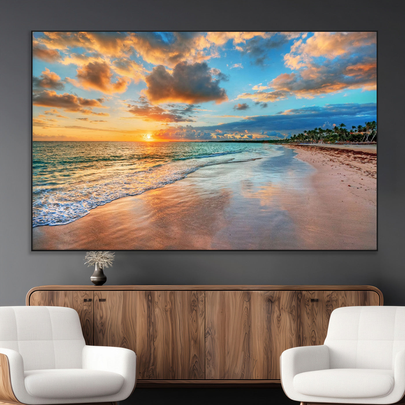 41572-MGV-CV-36X24-Sunset Beach Wall Art – Ocean Waves and Palm Trees Canvas Print, Tropical Coastal Sunset Seascape Decor for Living Room, Bedroom