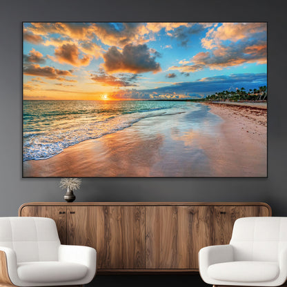 41572-MGV-CV-36X24-Sunset Beach Wall Art – Ocean Waves and Palm Trees Canvas Print, Tropical Coastal Sunset Seascape Decor for Living Room, Bedroom