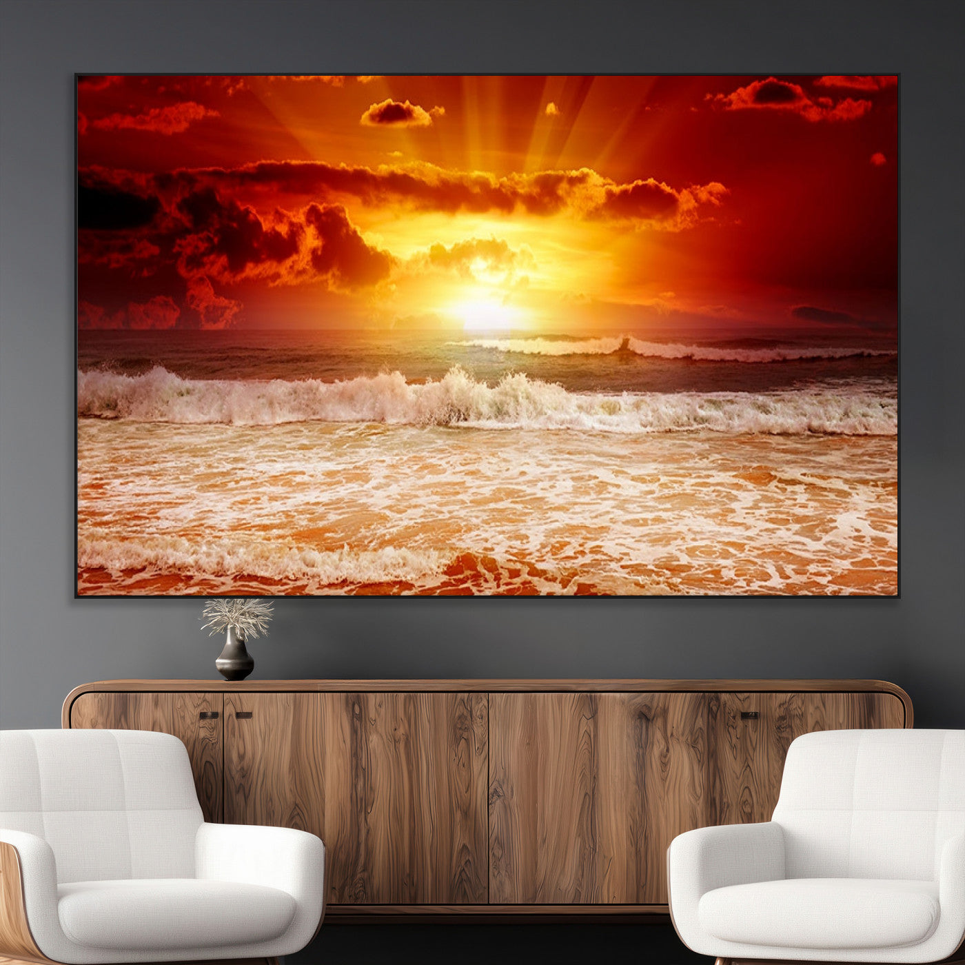 60211-MGV-CV-36X24-Fiery Sunset Ocean Waves Canvas Print – Vibrant Red & Orange Coastal Wall Art, Dramatic Seascape Decor
