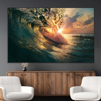 55359-MGV-CV-36X24-Radiant Ocean Wave Wall Art – Panoramic Surf Canvas Print, Vibrant Sunset Beach Decor for Home, Office or Man Cave