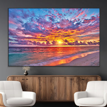 72836-MGV-CV-36X24-Fiery Sunset Beach Wall Art – Panoramic Vibrant Ocean Canvas Print, Dramatic Coastal Decor for Living Room, Bedroom or Office