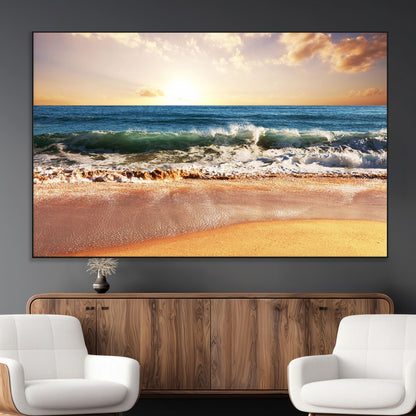 79005-MGV-CV-36X24-Golden Sunrise Ocean Waves Wall Art – Panoramic Seashore Canvas Print, Calming Coastal Decor for Home, Office or Relaxation Space